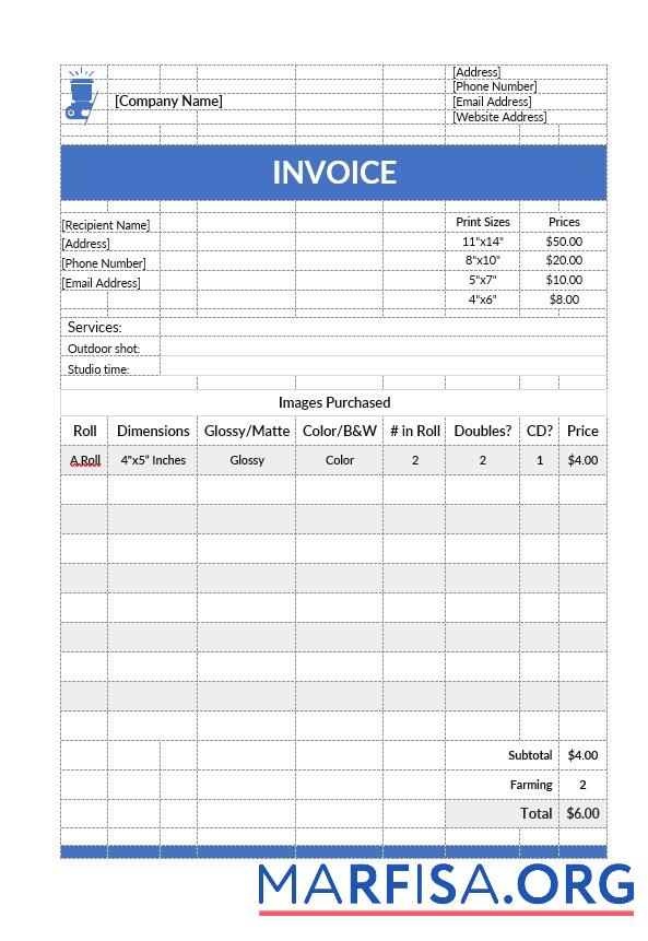Downloadable Simple Photography Invoice Template